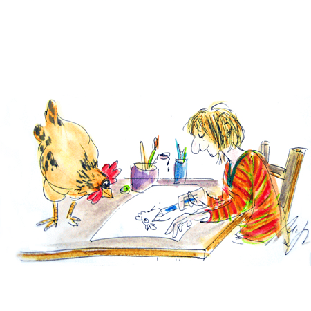 Ulrike am Tisch beim Zeichnen